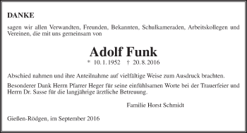 Traueranzeige von Adolf Funk von  Gießener Anzeiger