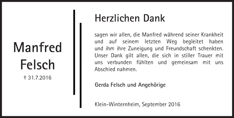  Traueranzeige für Manfred Felsch vom 17.09.2016 aus Trauerportal Rhein Main Presse