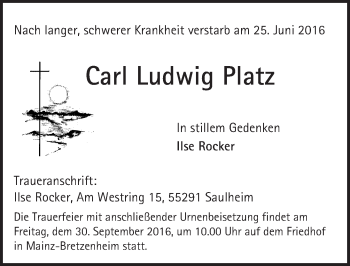 Traueranzeige von Carl Ludwig Platz von Trauerportal Rhein Main Presse