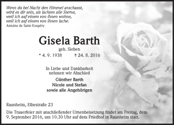 Traueranzeige von Gisela Barth von Trauerportal Rhein Main Presse