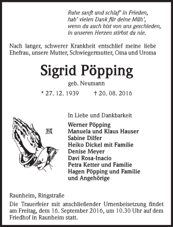 Traueranzeige von Sigrid Pöpping von Trauerportal Rhein Main Presse