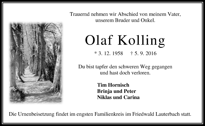  Traueranzeige für Olaf Kolling vom 17.09.2016 aus VRM Trauer