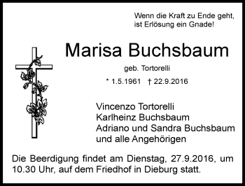 Traueranzeige von Marisa Buchsbaum von Trauerportal Echo Online