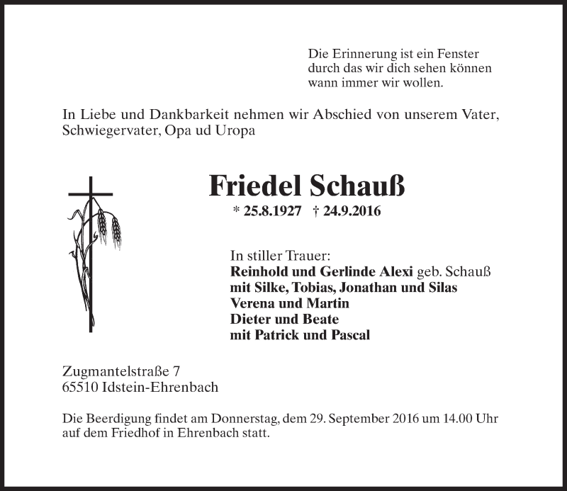 Traueranzeige für Friedel Schauß vom 27.09.2016 aus Trauerportal Rhein Main Presse