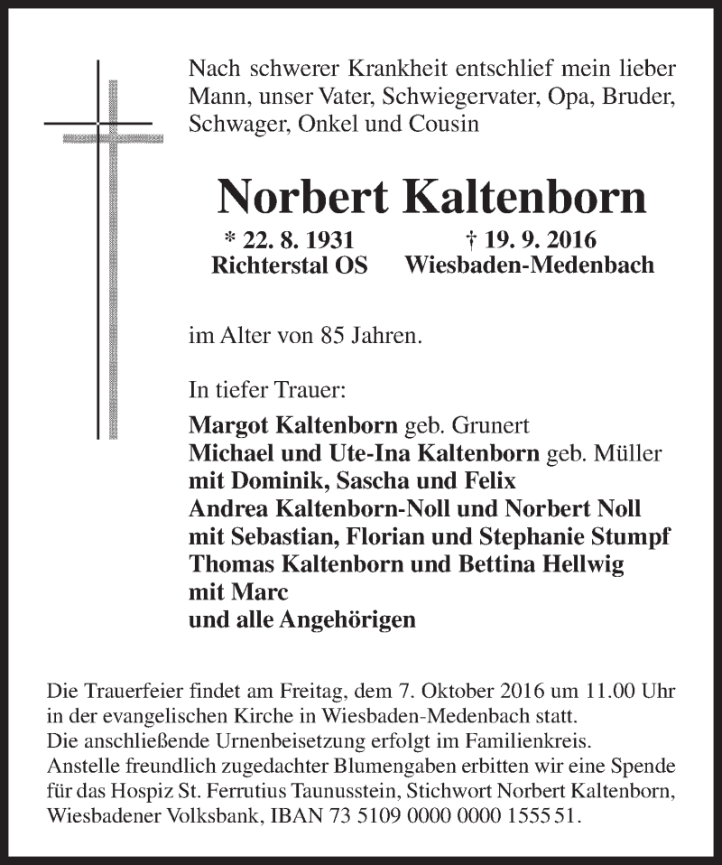  Traueranzeige für Norbert Kaltenborn vom 24.09.2016 aus Trauerportal Rhein Main Presse