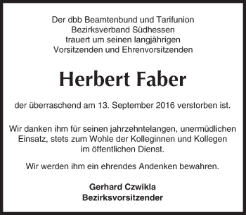 Traueranzeige von Herbert Faber von Trauerportal Echo Online
