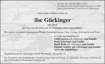 Traueranzeige von Ilse Gückinger von Trauerportal Rhein Main Presse