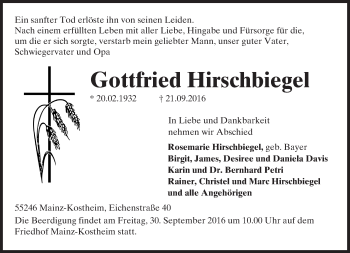 Traueranzeige von Gottfried Hirschbiegel von Trauerportal Rhein Main Presse