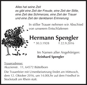 Traueranzeige von Hermann Spengler von Trauerportal Echo Online