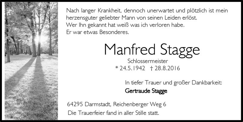  Traueranzeige für Manfred Stagge vom 10.09.2016 aus Trauerportal Echo Online