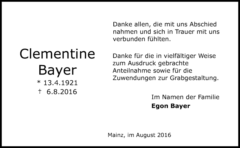  Traueranzeige für Clementine Bayer vom 03.09.2016 aus Trauerportal Rhein Main Presse