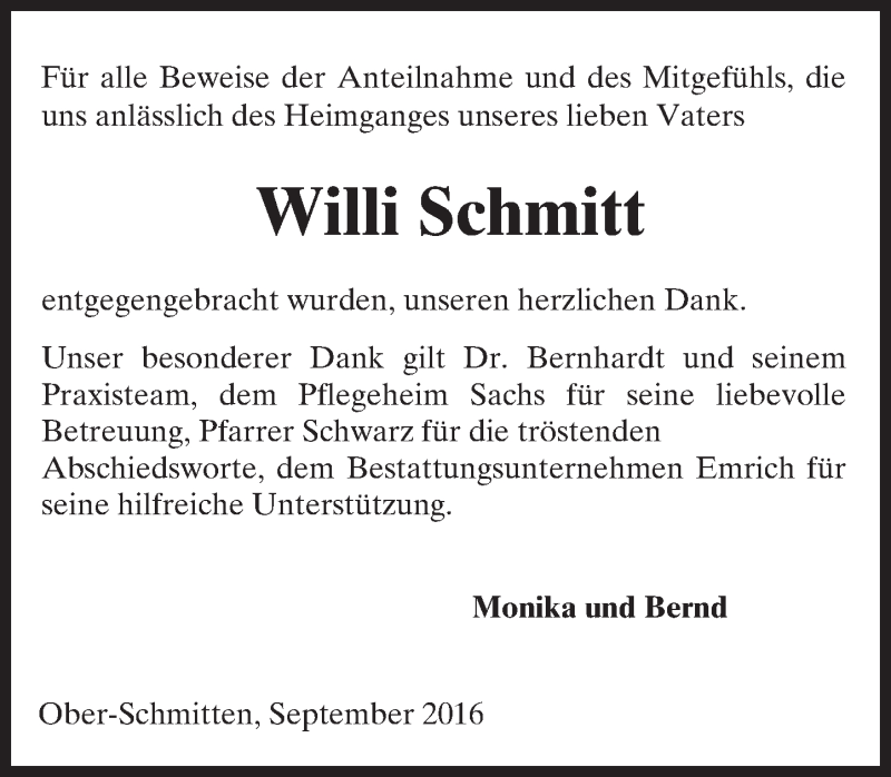  Traueranzeige für Willi Schmitt vom 03.09.2016 aus  Kreisanzeiger