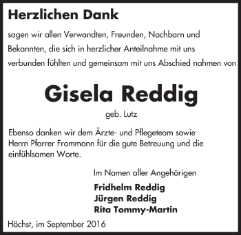 Traueranzeige von Gisela Reddig von Trauerportal Echo Online