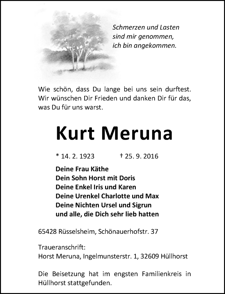  Traueranzeige für Kurt Meruna vom 01.10.2016 aus Trauerportal Rhein Main Presse