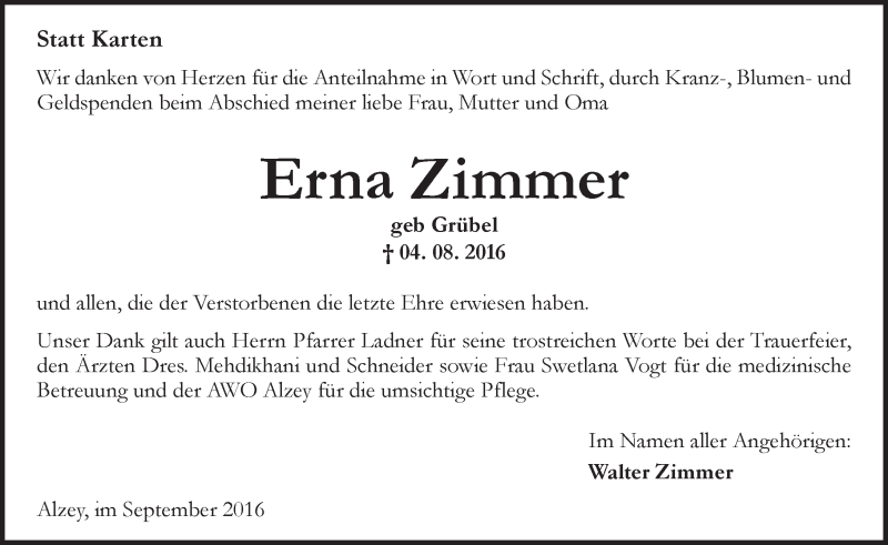  Traueranzeige für Erna Zimmer vom 10.09.2016 aus Trauerportal Rhein Main Presse
