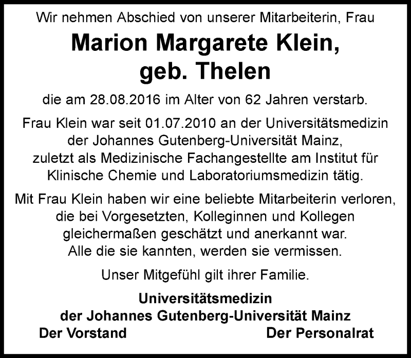  Traueranzeige für Marion Margarete Klein vom 03.09.2016 aus Trauerportal Rhein Main Presse
