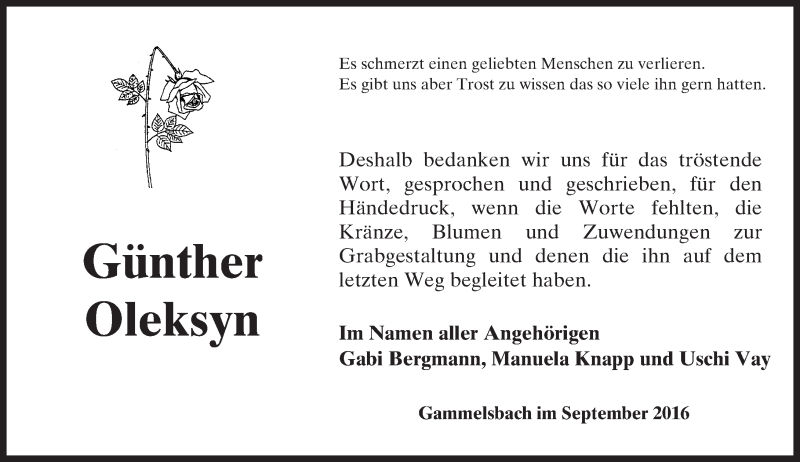  Traueranzeige für Günther Oleksyn vom 30.09.2016 aus Trauerportal Echo Online