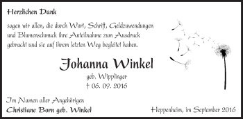 Traueranzeige von Johanna Winkel von Trauerportal Echo Online