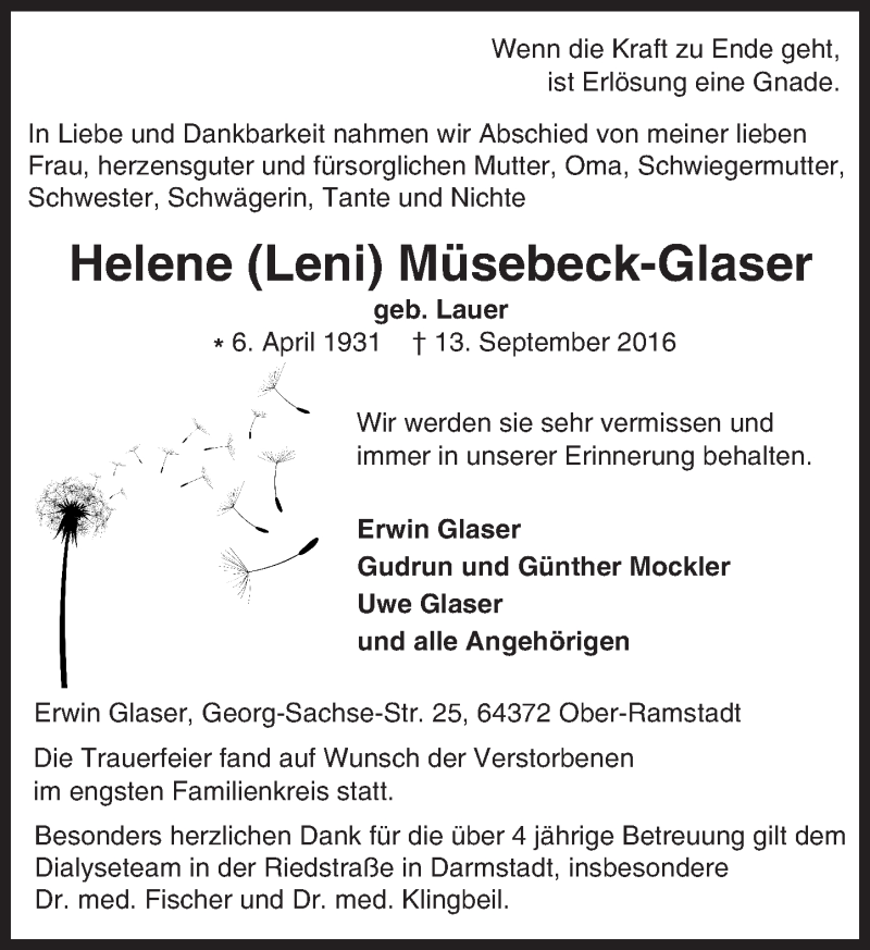  Traueranzeige für Helene Leni Müsebeck-Glaser vom 24.09.2016 aus Trauerportal Echo Online