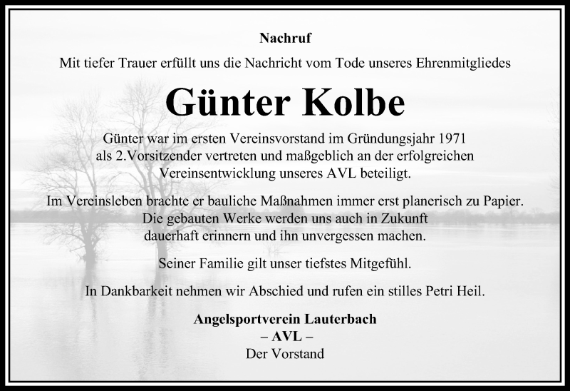  Traueranzeige für Günter Kolbe vom 16.09.2016 aus VRM Trauer