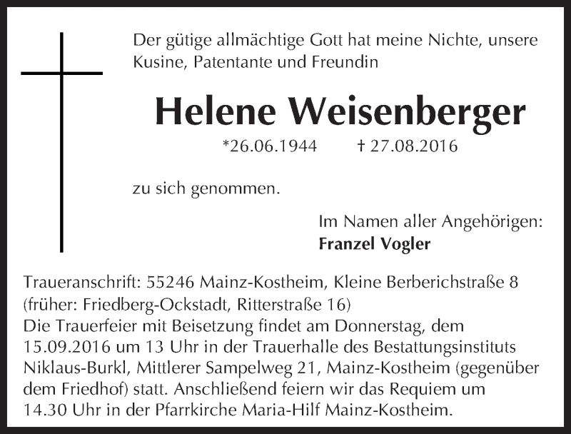  Traueranzeige für Helene Weisenberger vom 10.09.2016 aus Trauerportal Rhein Main Presse