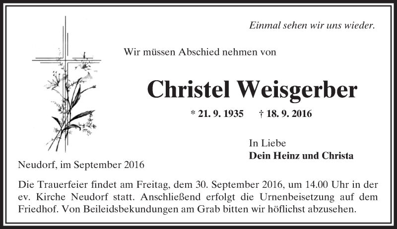  Traueranzeige für Christel Weisgerber vom 24.09.2016 aus  Gelnhäuser Tageblatt