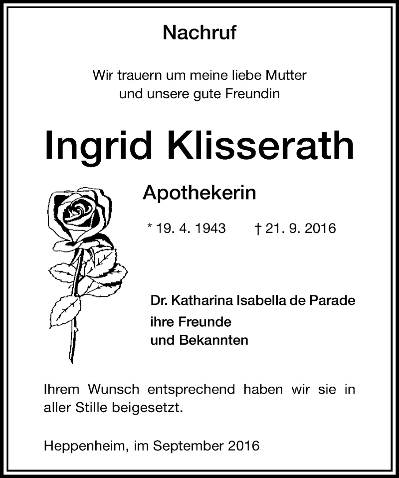  Traueranzeige für Ingrid Klisserath vom 29.09.2016 aus Trauerportal Echo Online