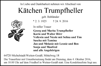 Traueranzeige von Kätchen Trumpfheller von Trauerportal Echo Online