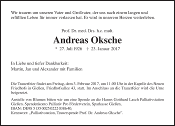 Traueranzeige von Andreas Oksche von  Gießener Anzeiger