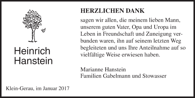  Traueranzeige für Heinrich Hanstein vom 28.01.2017 aus Trauerportal Echo Online