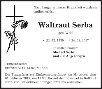 Traueranzeige von Waltraut Serba von Trauerportal Echo Online