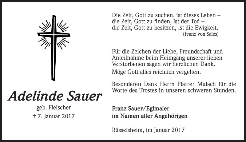  Traueranzeige für Adelinde Sauer vom 28.01.2017 aus Trauerportal Rhein Main Presse