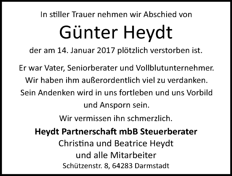  Traueranzeige für Günter Heydt vom 19.01.2017 aus Trauerportal Echo Online