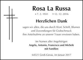 Traueranzeige von Rosa La Russa von Trauerportal Echo Online