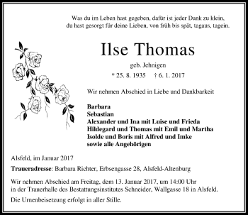 Traueranzeige von Ilse Thomas von VRM Trauer