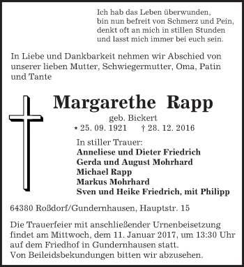 Traueranzeige von Margarethe Rapp von Trauerportal Echo Online
