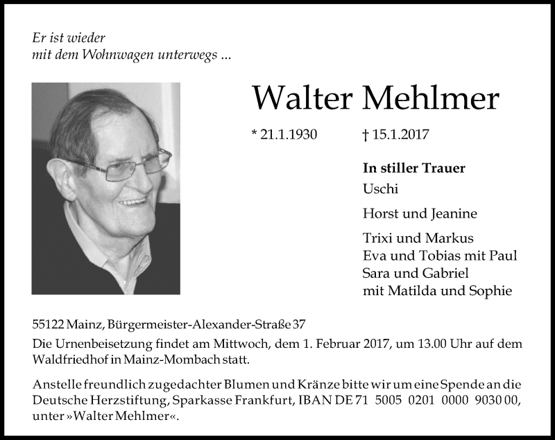  Traueranzeige für Walter Mehlmer vom 21.01.2017 aus Trauerportal Rhein Main Presse
