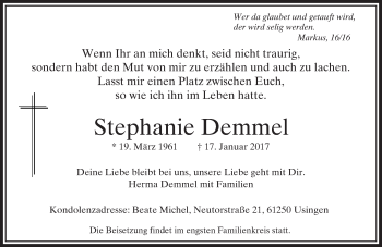 Traueranzeige von Stephanie Demmel von  Usinger Anzeiger