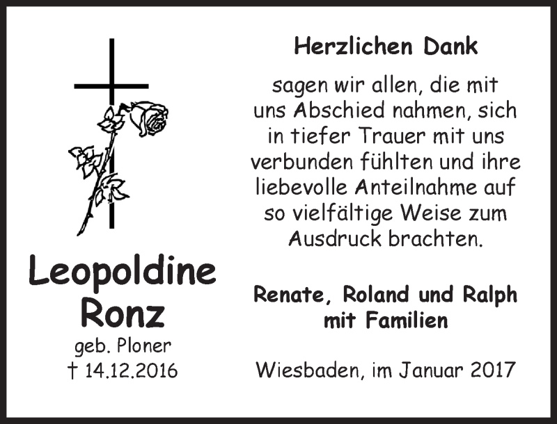  Traueranzeige für Leopoldine Romz vom 07.01.2017 aus Trauerportal Rhein Main Presse