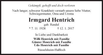 Traueranzeige von Irmgard Hentrich von Trauerportal Rhein Main Presse