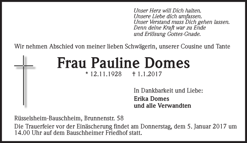  Traueranzeige für Pauline Domes vom 04.01.2017 aus Trauerportal Rhein Main Presse