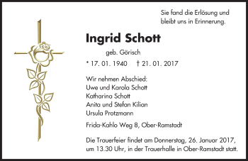 Traueranzeige von Ingrid Schott von Trauerportal Echo Online