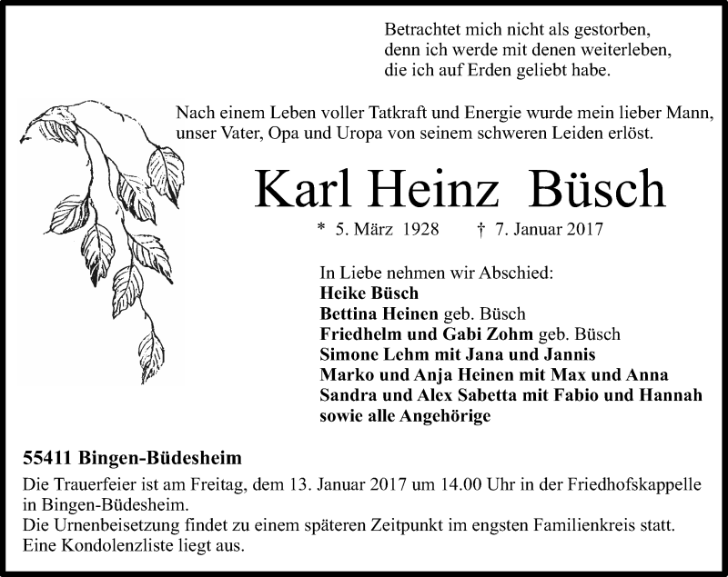  Traueranzeige für Karl Heinz Büsch vom 10.01.2017 aus Trauerportal Rhein Main Presse
