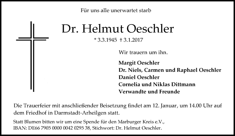  Traueranzeige für Helmut Oeschler vom 07.01.2017 aus Trauerportal Echo Online