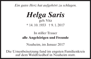 Traueranzeige von Helga Saris von Trauerportal Echo Online