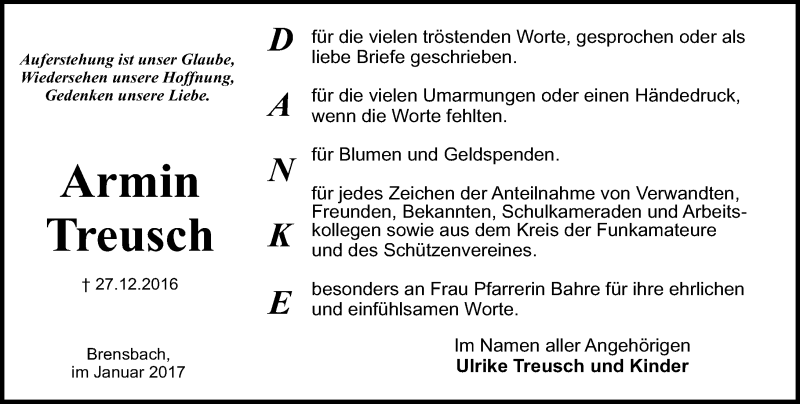  Traueranzeige für Armin Treusch vom 28.01.2017 aus Trauerportal Echo Online