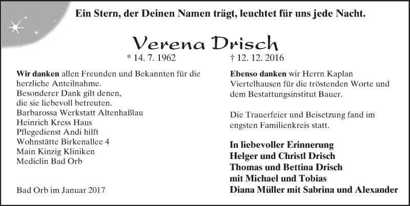  Traueranzeige für Verena Drisch vom 28.01.2017 aus  Gelnhäuser Tageblatt