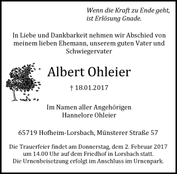 Traueranzeige von Albert Ohleier von Trauerportal Rhein Main Presse