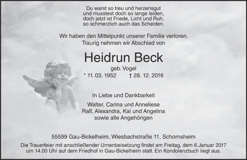  Traueranzeige für Heidrun Beck vom 03.01.2017 aus Trauerportal Rhein Main Presse
