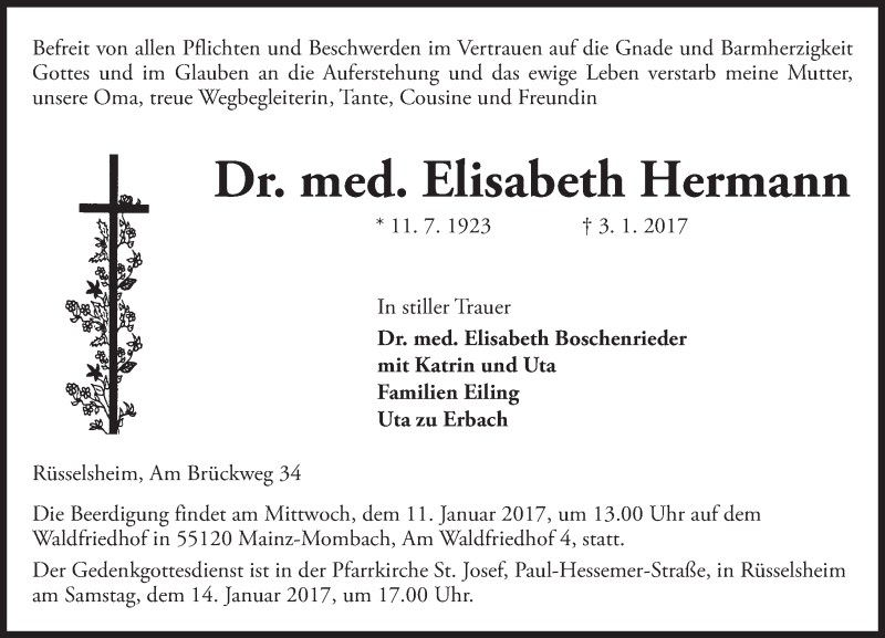  Traueranzeige für Elisabeth Hermann vom 07.01.2017 aus Trauerportal Rhein Main Presse